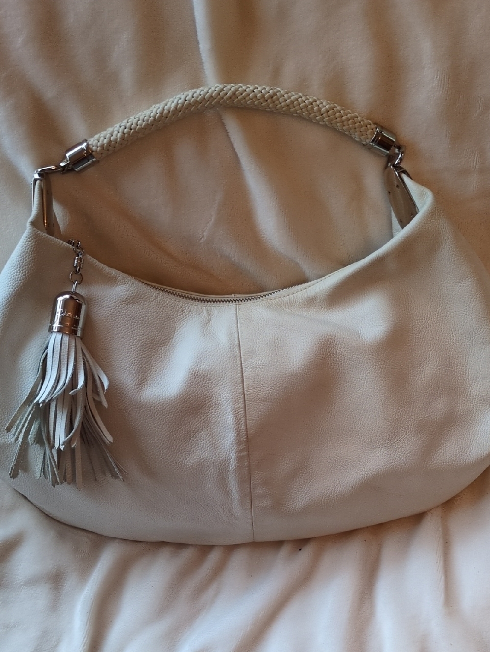 Cole Hahn Cream Leather Hobo Bag with Braided Handle and Tassel